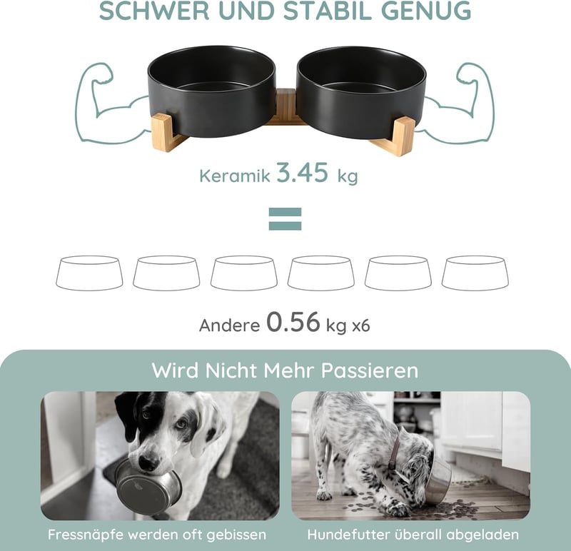 SPUNKYJUNKY Kerámia Dupla Kutyatál Bambusz Állvánnyal, Nagy Kutyáknak 1800ml Fekete