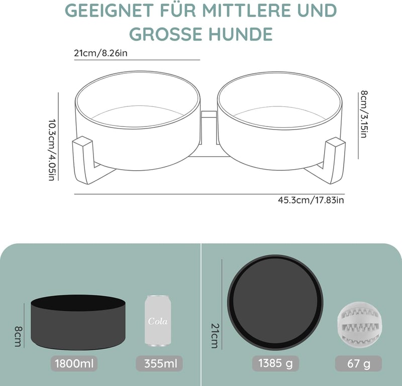 SPUNKYJUNKY Kerámia Dupla Kutyatál Bambusz Állvánnyal, Nagy Kutyáknak 1800ml Fekete