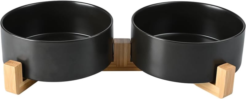 SPUNKYJUNKY Kerámia Dupla Kutyatál Bambusz Állvánnyal, Nagy Kutyáknak 1800ml Fekete