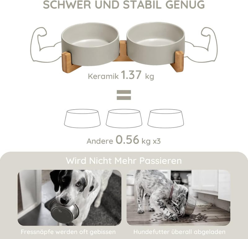 SPUNKYJUNKY Kerámia Dupla Tál Bambusz Állvánnyal Kutyáknak Macskáknak 400ml Szürke