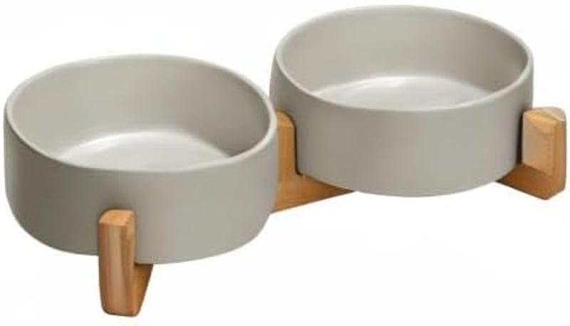 SPUNKYJUNKY Kerámia Dupla Tál Bambusz Állvánnyal Kutyáknak Macskáknak 400ml Szürke