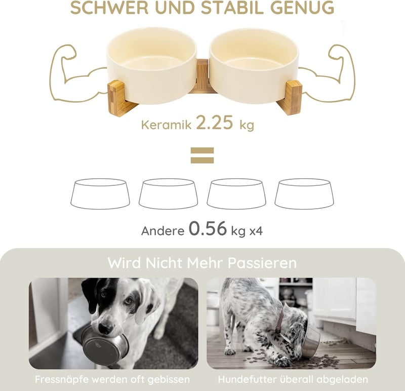 SPUNKYJUNKY Kerámia Dupla Tál Bambusz Állvánnyal Macskáknak és Kutyáknak 850ml Bézs