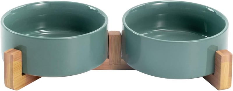 SPUNKYJUNKY Kerámia Dupla Tál Bambusz Állvánnyal Macskáknak és Kutyáknak 400ml Zöld