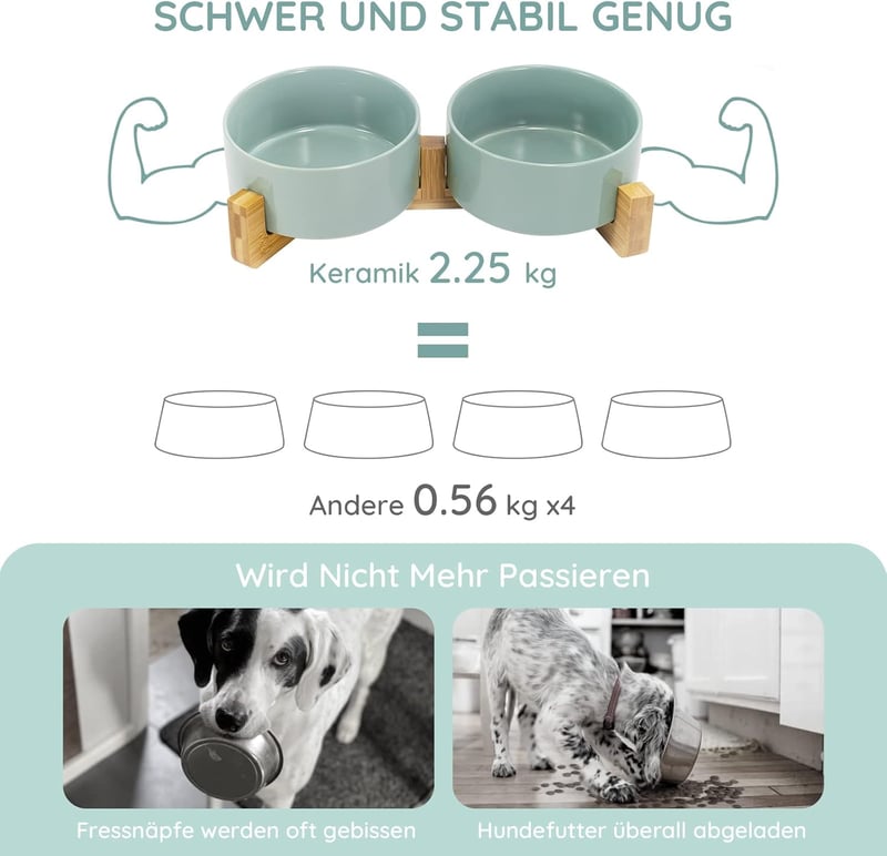 SPUNKYJUNKY Kerámia Dupla Tál Bambusz Állvánnyal Macskáknak és Kutyáknak 850ml Világoszöld