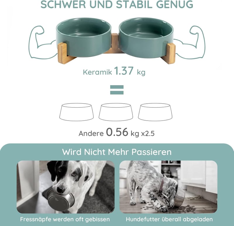 SPUNKYJUNKY Kerámia Dupla Tál Bambusz Állvánnyal Macskáknak és Kutyáknak 400ml Zöld