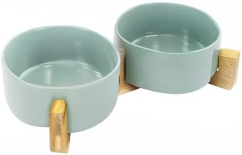 SPUNKYJUNKY Kerámia Dupla Tál Bambusz Állvánnyal Macskáknak és Kutyáknak 850ml Világoszöld