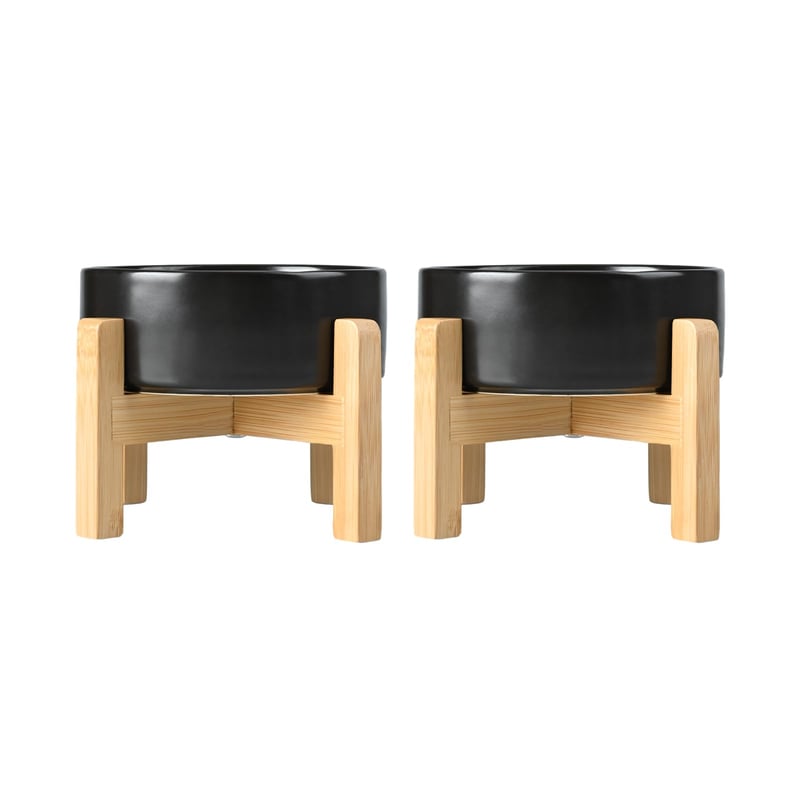 Set Boluri Ceramice Înălțate SPUNKYJUNKY cu Suport de Bambus pentru Câini și Pisici - 850ml Negru