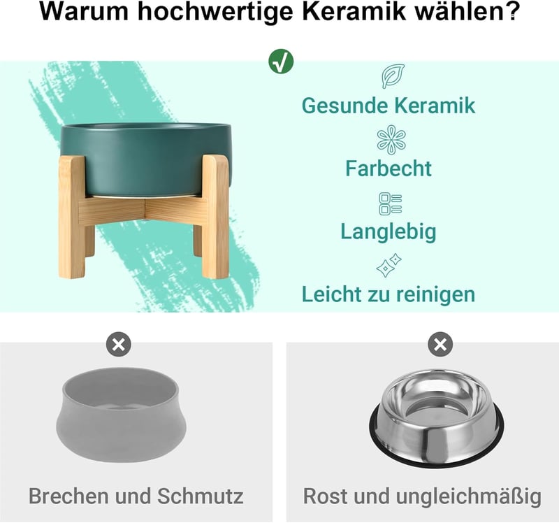 SPUNKYJUNKY Kerámia Emelt Tál Bambusz Állvánnyal Macskáknak és Kutyáknak 1800ml Zöld