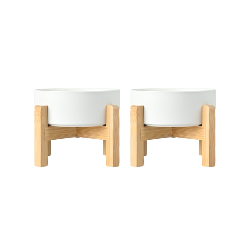 Set bol ceramic înălțat SPUNKYJUNKY cu suport de bambus pentru pisici și câini, 400ml, alb