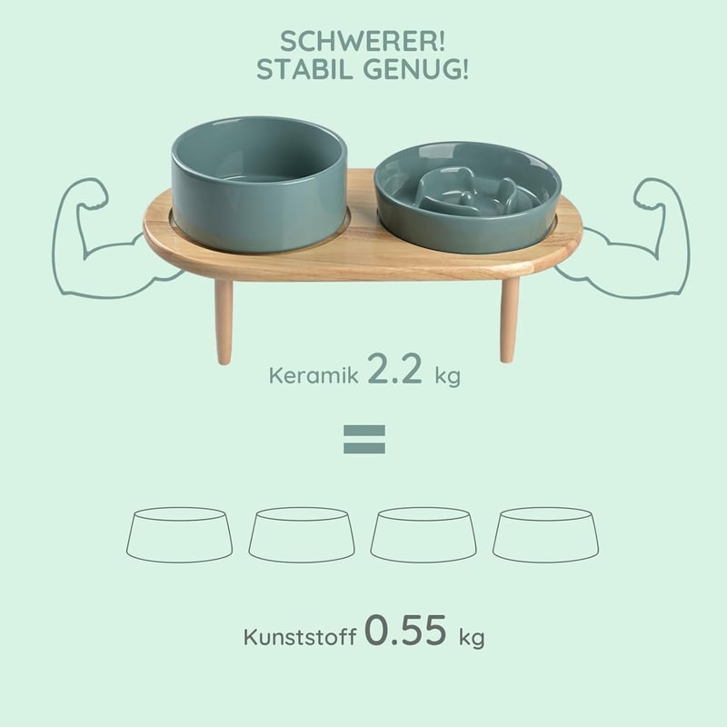 SPUNKYJUNKY Kerámia Etetőtál Szett Bambusz Állvánnyal - Csúszásgátlós Dupla Tál Kutyáknak és Macskáknak, Lassú Etetővel, Mosogatógépben Mosh