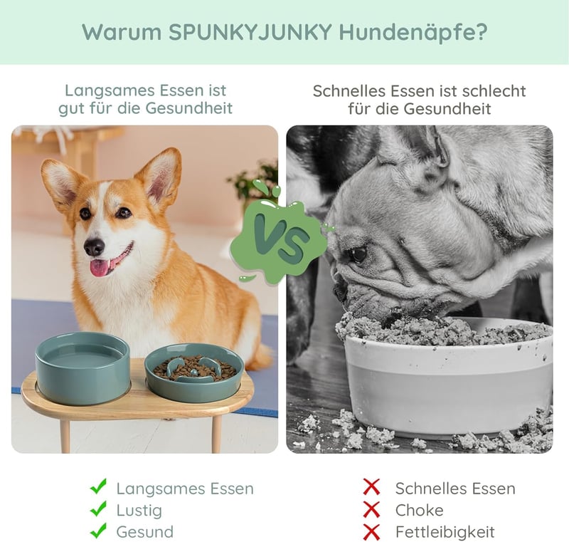 SPUNKYJUNKY Kerámia Etetőtál Szett Bambusz Állvánnyal - Csúszásgátlós Dupla Tál Kutyáknak és Macskáknak, Lassú Etetővel, Mosogatógépben Mosh