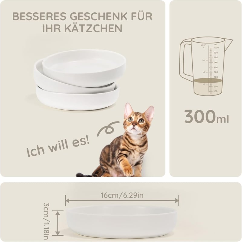 SPUNKYJUNKY Kerámia Macskás Tálkészlet - 3 db Fehér Etetőtál Macskáknak, Kiskutyáknak és Nyulaknak - 300ml Mosogatógépben Mosható Lapos Tála