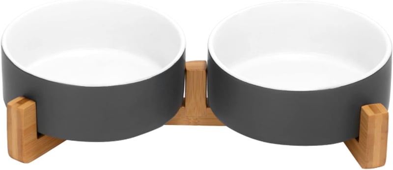 SPUNKYJUNKY Kerámia Tálka Bambusz Állvánnyal, Emelt Etető Tál Kutyáknak Macskáknak 400ml