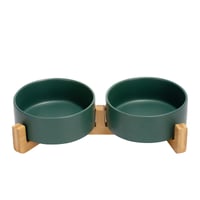 Bol dublu din ceramică verde SPUNKYJUNKY pentru câini și pisici cu suport din bambus (400 ml) 1