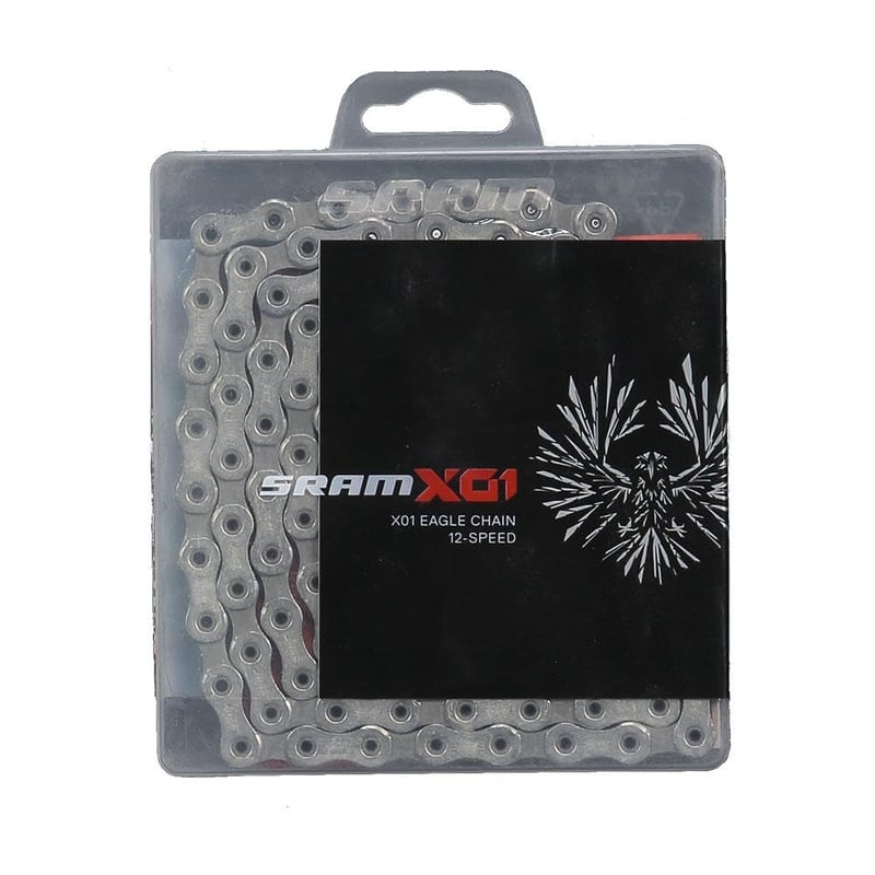 Strieborná 12-rýchlostná reťaz SRAM X.01 Eagle so 126 článkami a spojkou PowerLock na bicykel