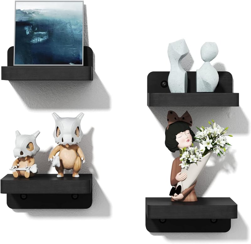 SRIWATANA Fekete Fali Polc Szett, 4 db Mini Lebegő Polc, 10x10 cm, Modern Dekoráció Hálószobába, Fürdőbe, Konyhába, 2 kg Teherbírás