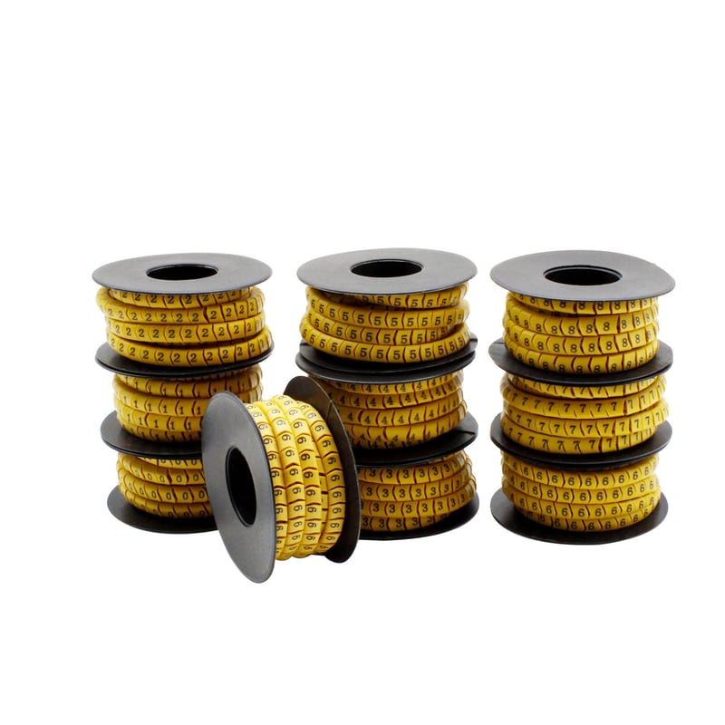 Sada značkovačov káblov SRJQXH - 10 roliek s číslami 0-9, 2700 kapsúl, veľkosť 2,5 mm², do priemeru 4,2 mm, z PVC materiálu, žlto-čierna