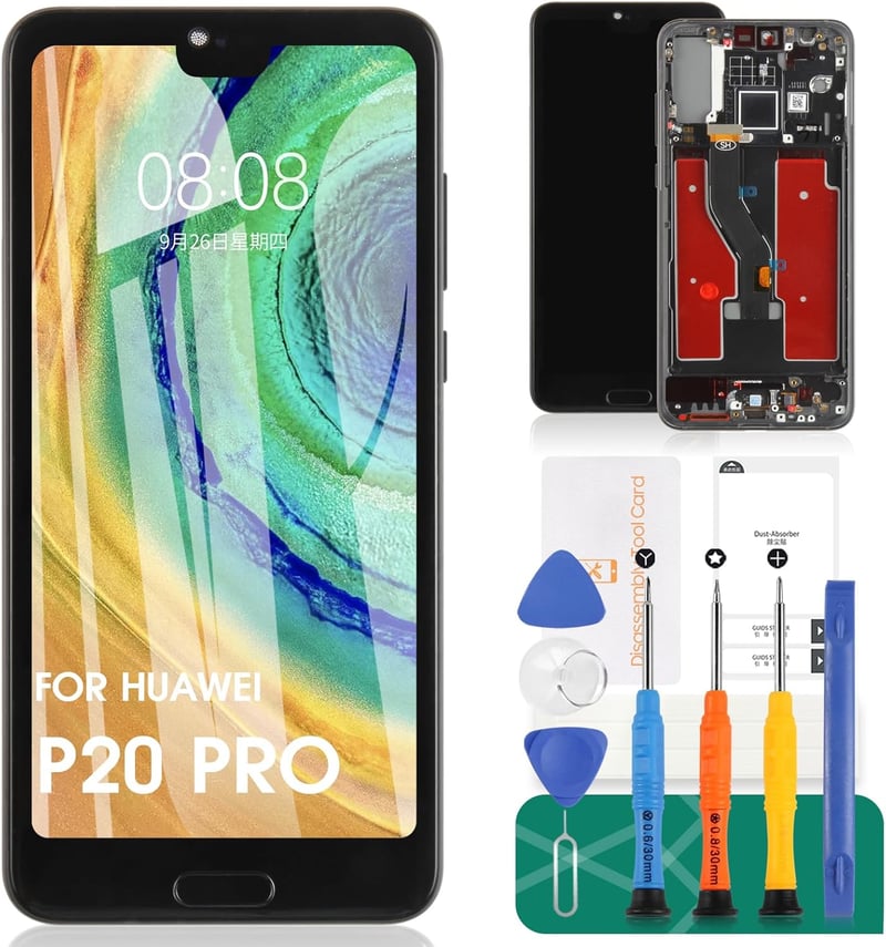 SRJTEK Huawei P20 Pro LCD Kijelző Csere - Érintőképernyő Digitalizáló Kerettel, Fekete, Ujjlenyomat Olvasóval, Szerszámkészlettel