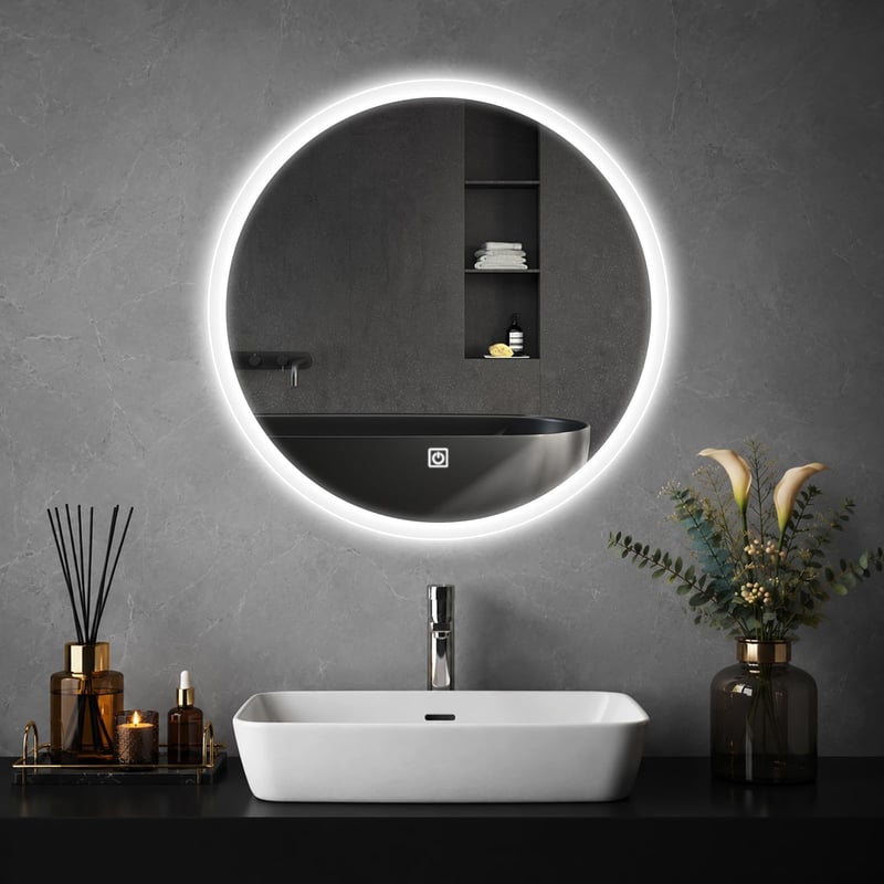 Srtvietae LED kúpeľňové zrkadlo s osvetlením, okrúhle, 50 cm, stmievateľné, 3 farby svetla, dotykový vypínač, nástenné zrkadlo, IP44