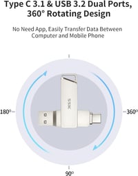 SSK 256GB USB C Pendrive - Kettős Csatlakozású (USB 3.2 + Type C) Memória, 200MB/s Olvasási Sebesség, Forgatható Kialakítás, Android, MacBoo 2