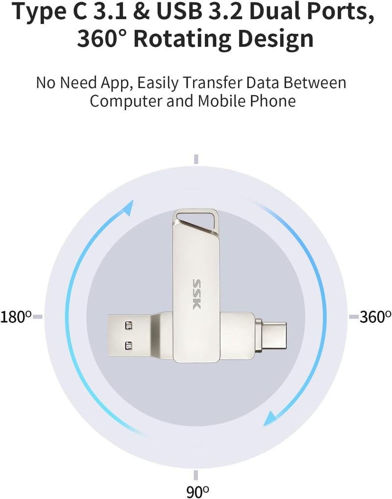 SSK 256GB USB C Pendrive - Kettős Csatlakozású (USB 3.2 + Type C) Memória, 200MB/s Olvasási Sebesség, Forgatható Kialakítás, Android, MacBoo