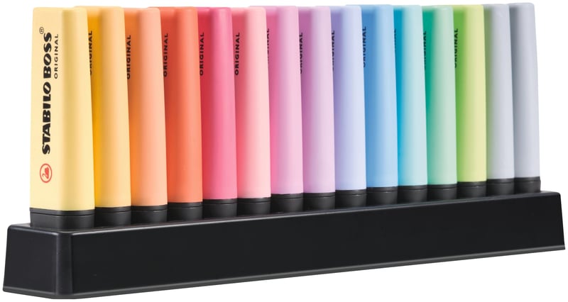Set de Markere Fluorescente STABILO BOSS ORIGINAL Pastel - 15 bucăți culori pastelate asortate - Set de birou