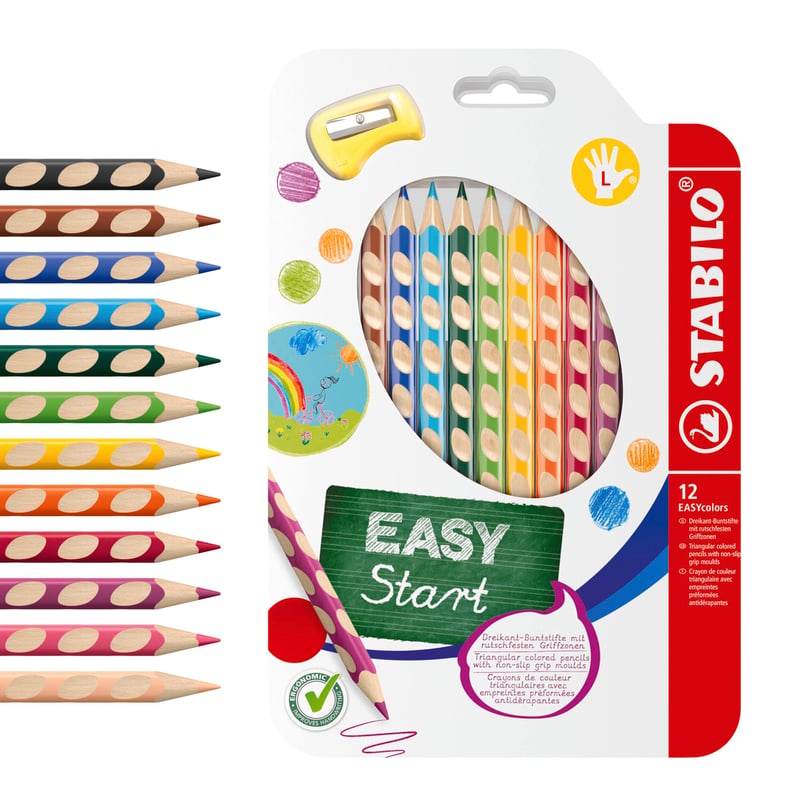 STABILO EASYcolors Ergonomické hrubé farebné ceruzky pre ľavákov – 12 ks mix farieb so strúhadlom