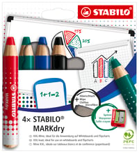 Sada značkovačov na tabule a flipcharty STABILO MARKdry – 4 ks rôznych farieb (čierna, modrá, červená, zelená) – so strúhadlom a čistiacou handričkou 1