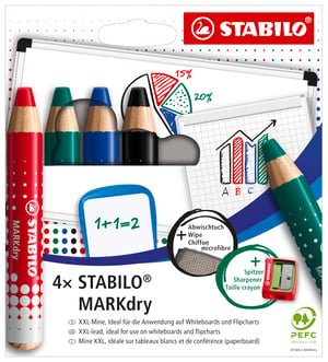 STABILO MARKdry set markera za bijelu ploču i flipchart, 4 komada – crna, plava, crvena, zelena – s XXL punjenjem, šiljilom i krpicom za brisanje