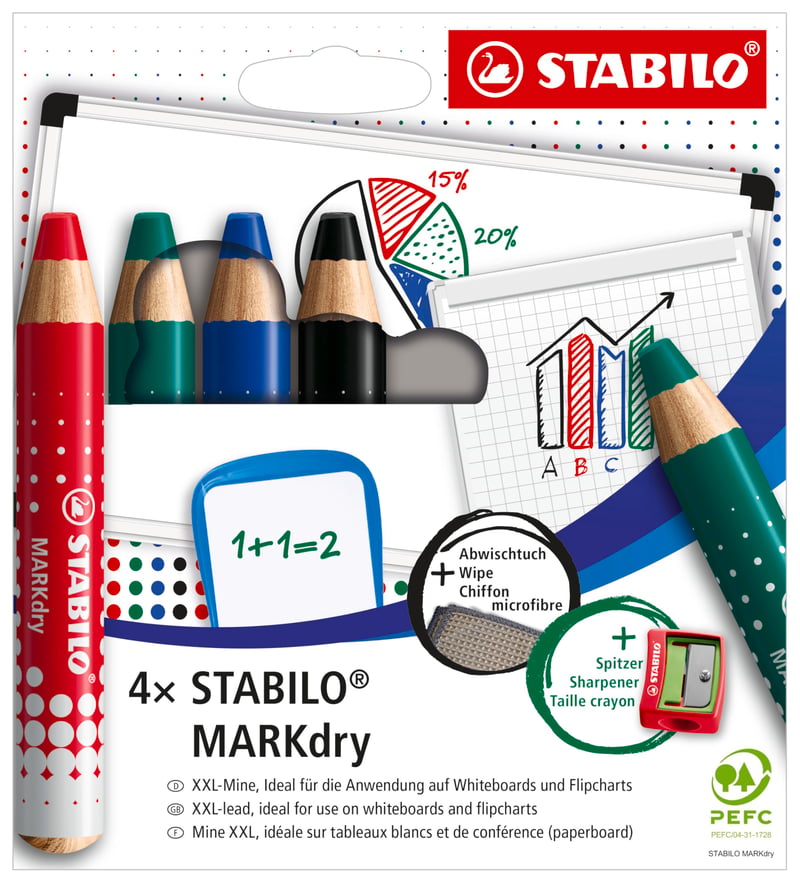 Sada značkovačov na tabule a flipcharty STABILO MARKdry – 4 ks rôznych farieb (čierna, modrá, červená, zelená) – so strúhadlom a čistiacou handričkou