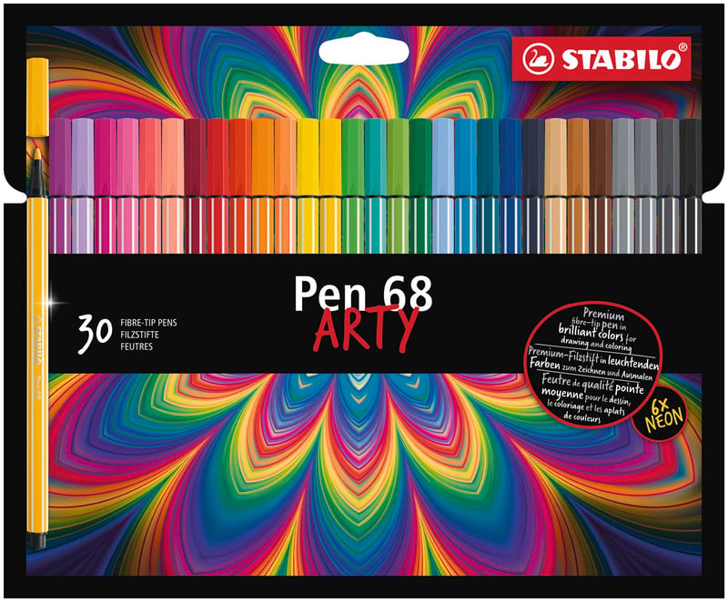 Súprava fixiek STABILO Pen 68 ARTY – 30 kusov rôznofarebných vláknových pier – Stredný hrot – Pre vyfarbovanie pre dospelých