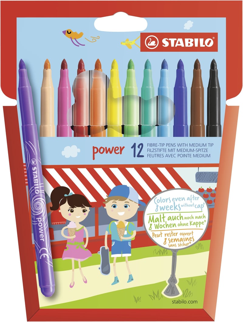 Fixky STABILO Power so stredným hrotom – 12-dielna súprava – rôzne farby