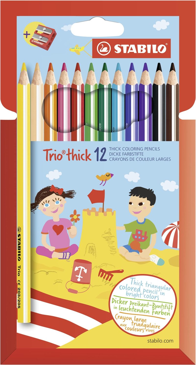 STABILO Trio vastag színes ceruza készlet – 12 db vegyes színekkel és hegyezővel