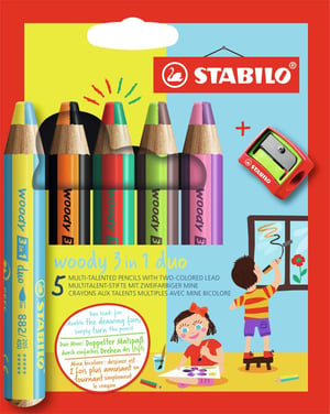 STABILO woody 3 u 1 Duo dvobojna olovka/vodene boje/voštana bojica - 5 kom sa šiljilom