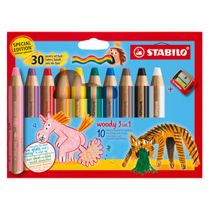 STABILO Woody 3 u 1 set debelih bojica – 10 komada u raznim bojama, akvarel i voštane bojice, sa šiljilom, jubilarno izdanje povodom 30. godišnjice