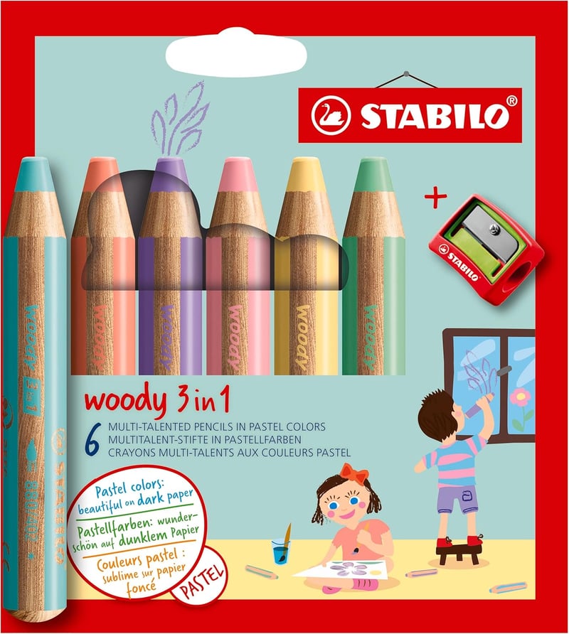 STABILO Woody 3 az 1-ben színes ceruza - pasztell, 6 db, élezővel
