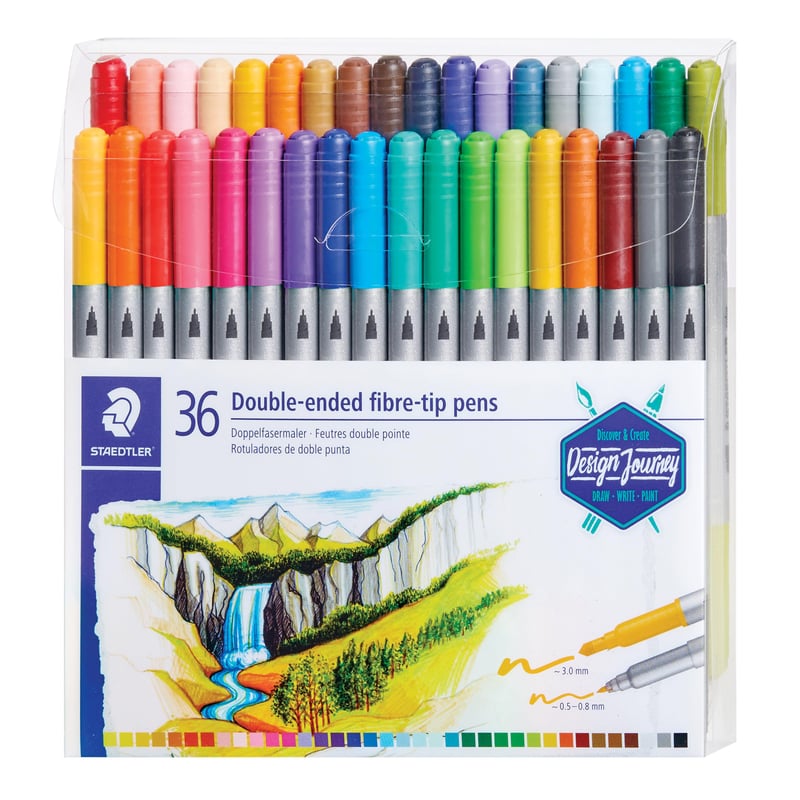 Set carioci cu două capete Staedtler 3200 TB36 – 36 culori, vârf subțire și gros, etui transparent pliabil