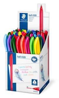 Set de pixuri triunghiulare STAEDTLER Ball 4320 M – 50 bucăți, culori asortate, vârf mediu de 1 mm, pixuri retractabile 1