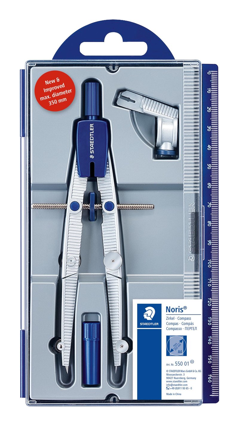Compas școlar Staedtler Noris Club 550 01 cu reglare rapidă, adaptor universal și set de mine de rezervă, argintiu/albastru, cu etui stabil