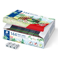 Set creioane colorate STAEDTLER Noris Colour 185 C144 – 144 bucăți, 12 culori vibrante, suprafață antiderapantă, rezistență ridicată la rupere, 3 ascuțitori 1