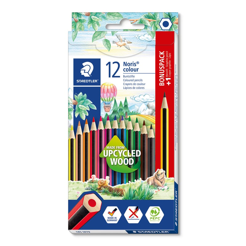 Sada farebných ceruziek STAEDTLER Noris Colour, 12+1 ks, šesťhranný tvar, protišmykový mäkký povrch, vysoká odolnosť proti lámaniu, recyklované drevo