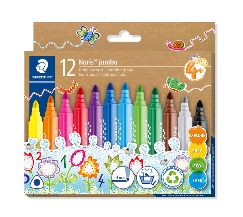 Set carioci STAEDTLER Noris Jumbo 328-B – 12 bucăți, culori asortate, vârf de 3,0 mm, prindere ergonomică, începând cu vârsta de 4 ani