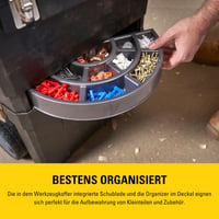 Dielenský vozík Stanley 1-93-968 – Dva samostatné boxy na náradie, kolieska pre vysokú záťaž, kovové spony a organizér vo veku 4
