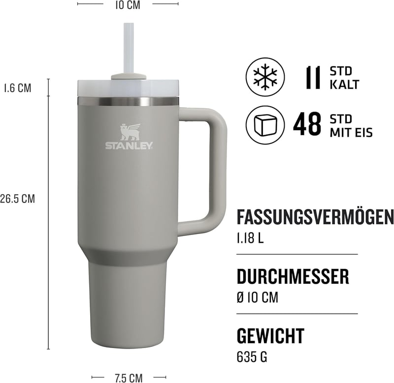 Stanley 1913 Quencher H2.0 Termikus Ivópalack 1,2L Szívószállal, 11 Órás Hűtés, Rozsdamentes Acél - 1,180 ml, Ash, Core