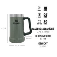 Vákuový pivný krígeľ Stanley Adventure 709 ml, farba Hammertone Green, s rukoväťou, z nehrdzavejúcej ocele, vhodný do umývačky riadu, udrží nápoj studený 7 hodín 2