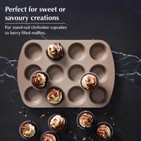 Forma na muffiny Stanley Rogers Ceramabake, 12 otvorov, bez PFAS, PTFE a PFOA, zdravý nepriľnavý povrch, plech na cupcakes, šampanská farba 9