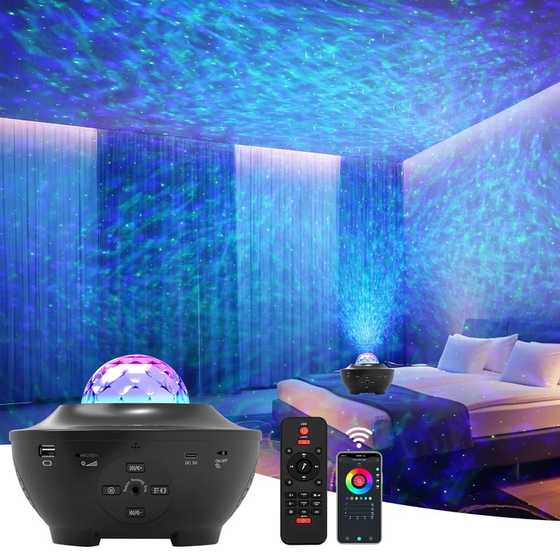 Csillagvetítő Galaxisfény Éjszakai Lámpa Gyerekszobába, Óceánhullám Projektor Bluetooth Hangszóróval, Fehér Zajjal, Távirányítóval és Időzítővel - Fekete