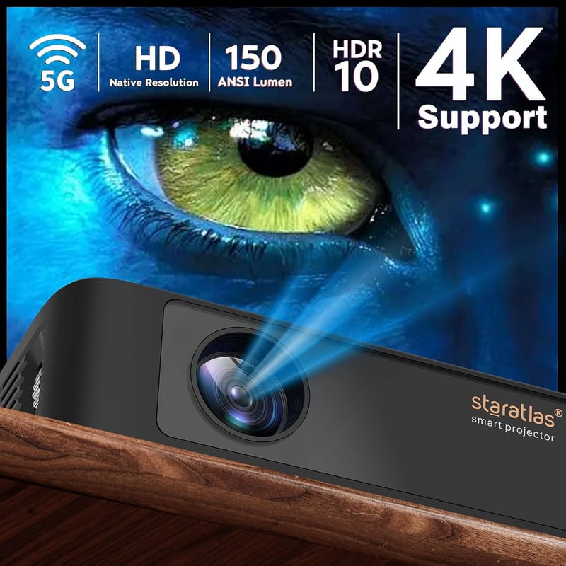 Staratlas 4K Mini Projektor WiFi 6 Technológiával - Beépített Android, Netflix, YouTube, Bluetooth 5.0, 150 ANSI Lumen, 4K Felbontású Videó 