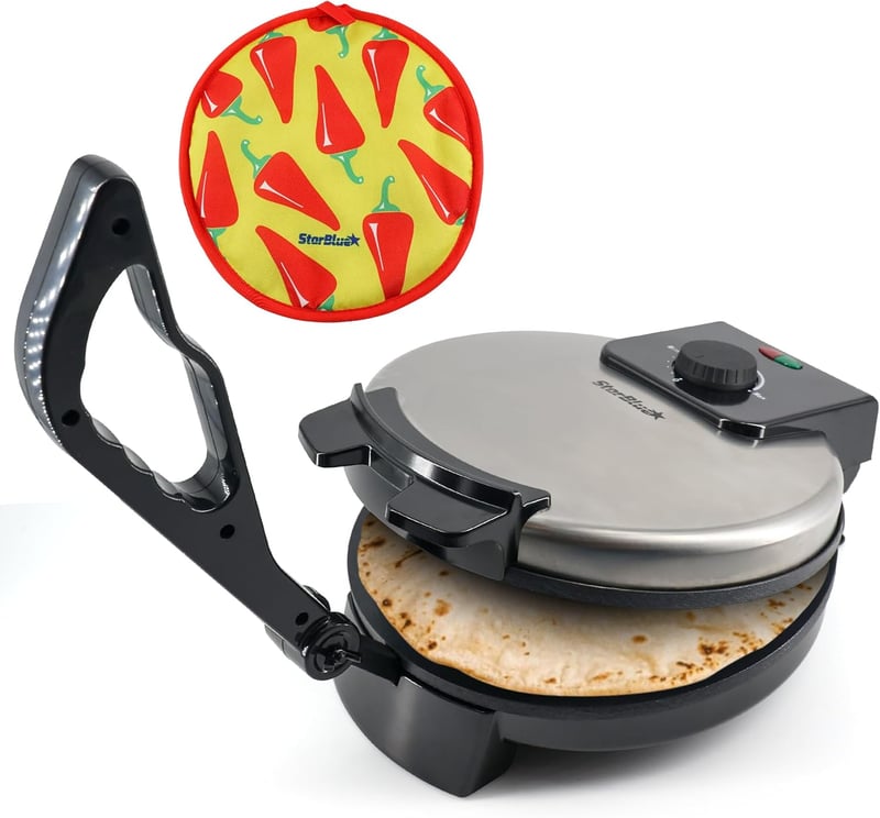 StarBlue 10" Roti Készítő Gép - Indiai Chapati, Tortilla Sütő Melegentartó Tárolóval, Kivehető Fogantyúval, Tapadásmentes Felülettel, 1200W