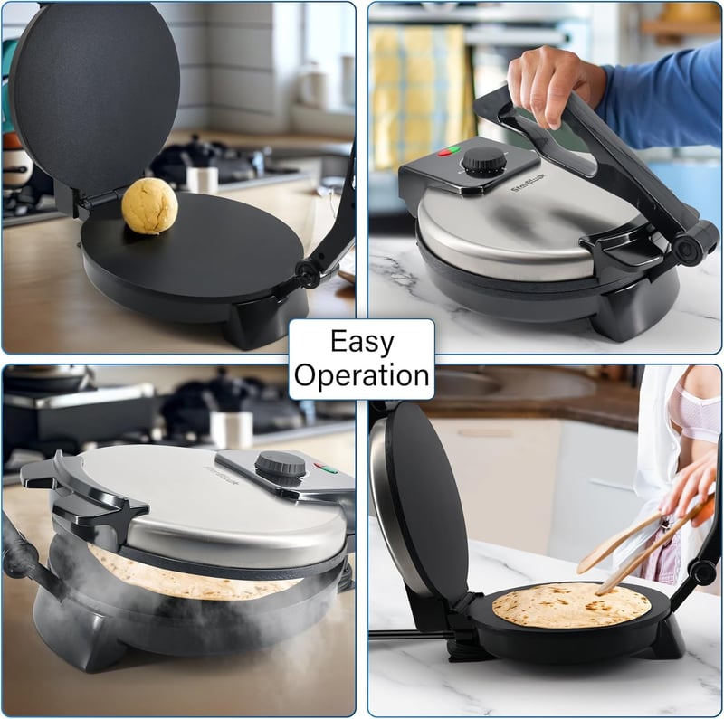 StarBlue 10" Roti Készítő Gép - Indiai Chapati, Tortilla Sütő Melegentartó Tárolóval, Kivehető Fogantyúval, Tapadásmentes Felülettel, 1200W
